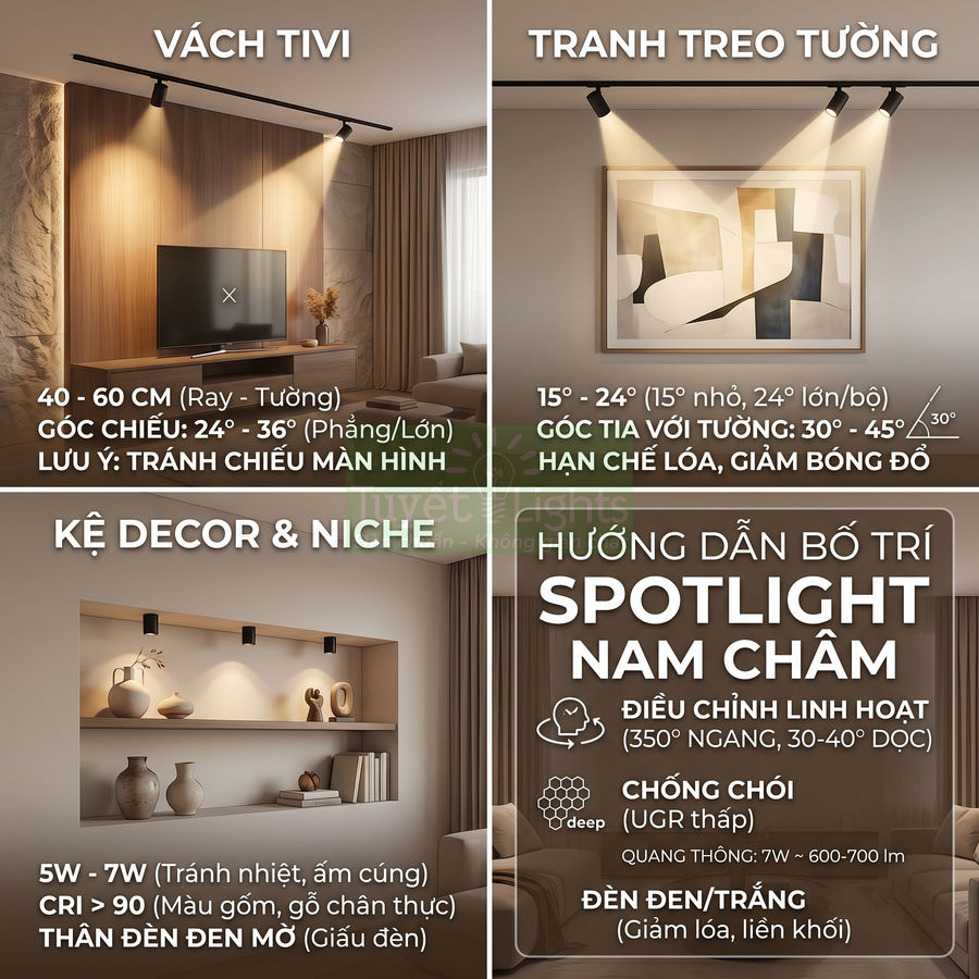 Hướng dẫn bố trí đèn spotlight nam châm cho vách tivi, tranh treo tường và kệ decor trong phòng khách hiện đại