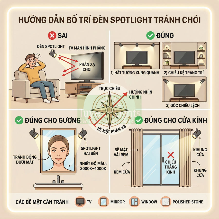 Hướng dẫn bố trí đèn spotlight trong phòng khách, gương soi và cửa kính để tránh chói và phản xạ ánh sáng