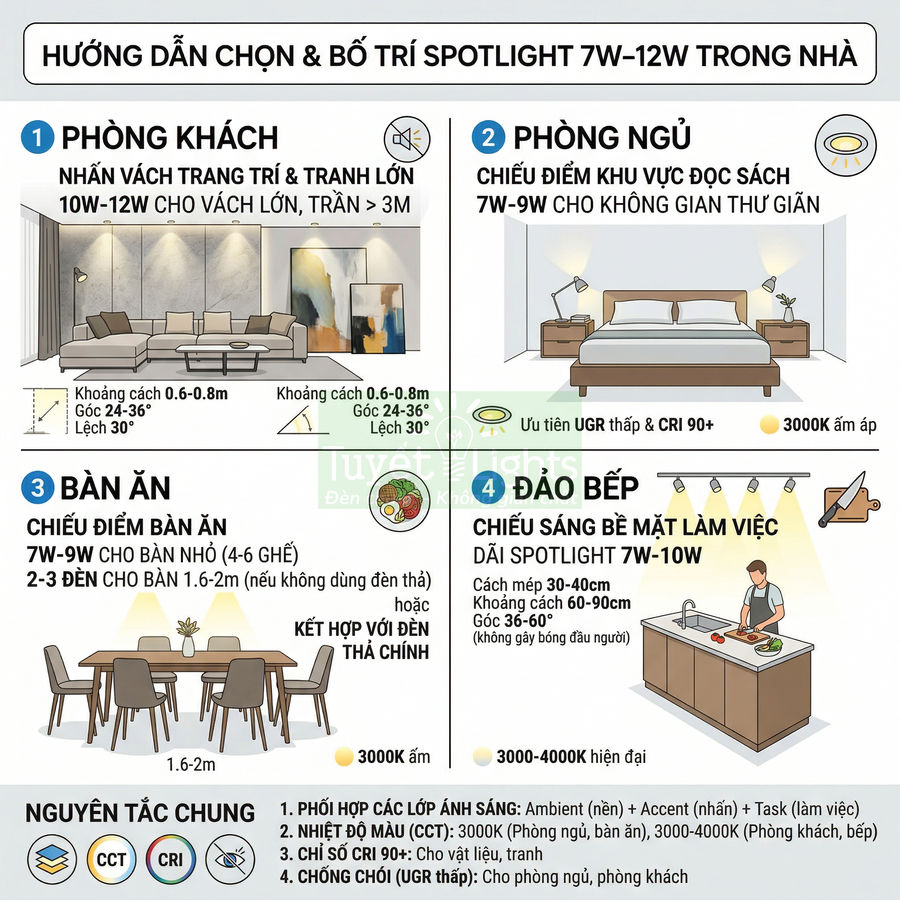 Hướng dẫn chọn và bố trí đèn spotlight 7W 12W trong phòng khách, phòng ngủ, bàn ăn và đảo bếp trong nhà