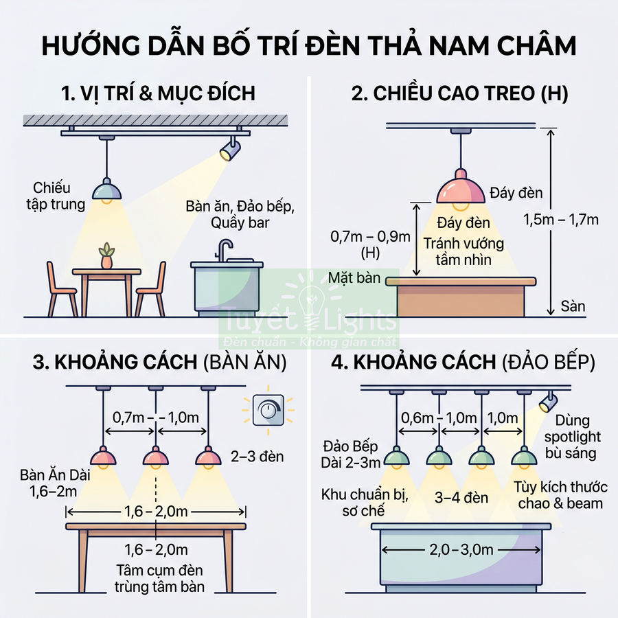 Hướng dẫn bố trí đèn thả nam châm cho bàn ăn và đảo bếp với khoảng cách và chiều cao chuẩn