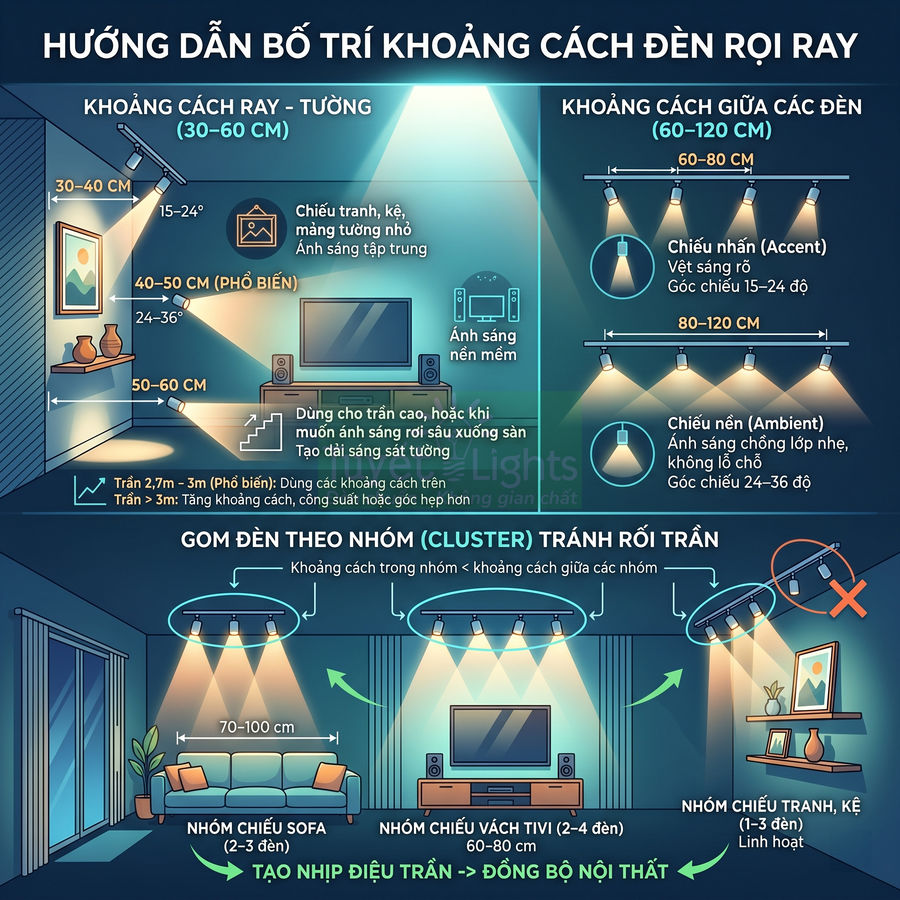 Hướng dẫn bố trí khoảng cách đèn rọi ray trong phòng khách với sofa, tivi và kệ trang trí