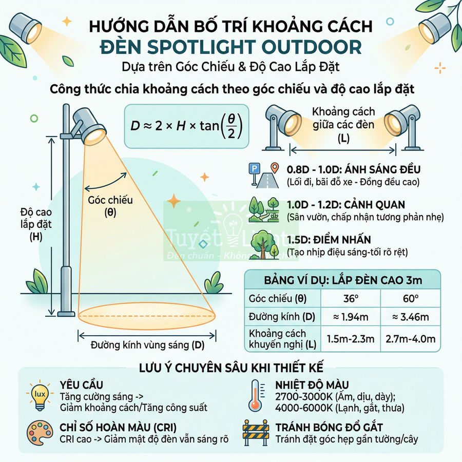 Hướng dẫn bố trí khoảng cách đèn spotlight outdoor theo góc chiếu và độ cao lắp đặt