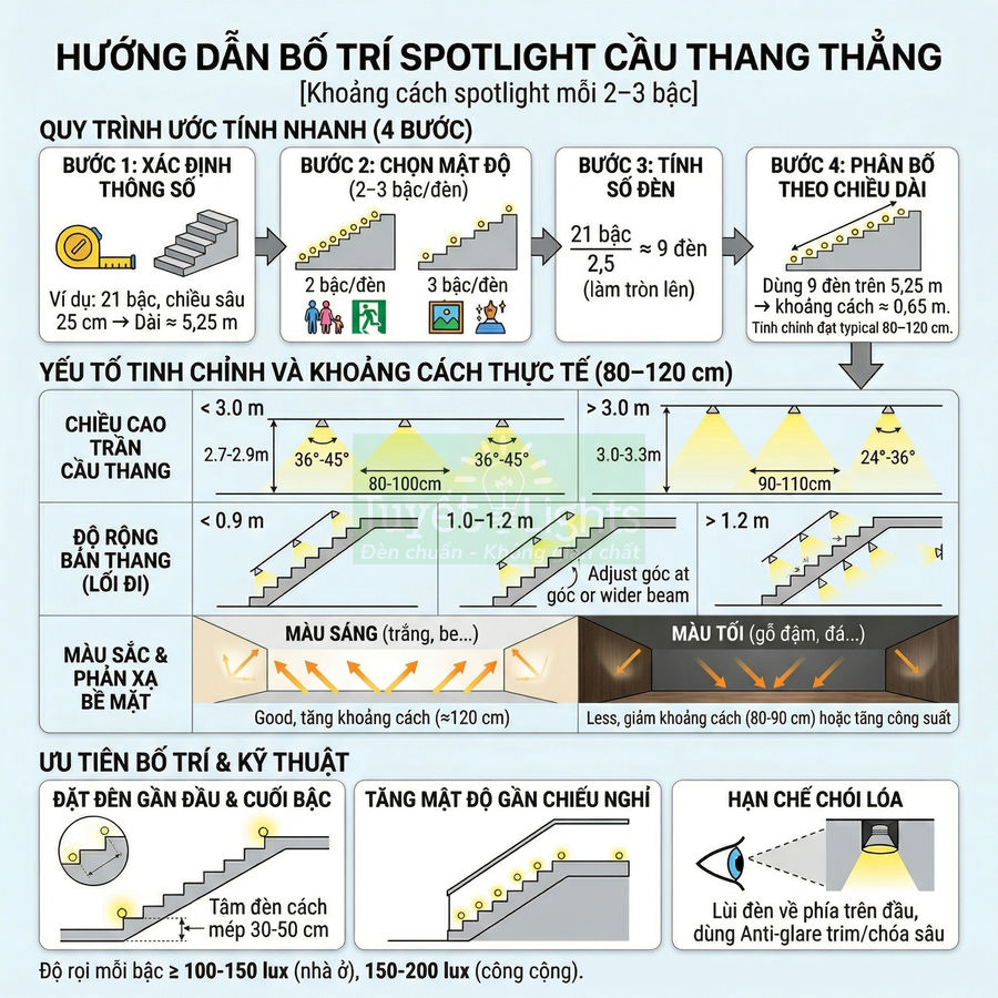 Hướng dẫn bố trí đèn spotlight cầu thang thẳng với khoảng cách, chiều cao và vị trí lắp đặt tối ưu