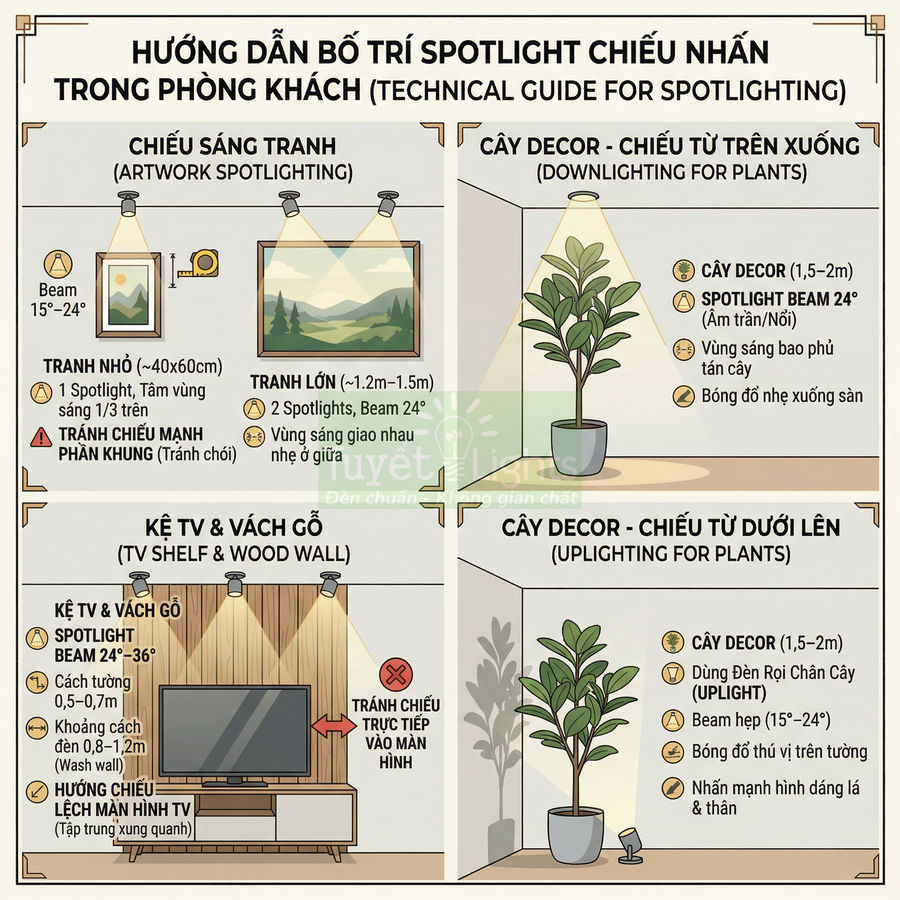 Hướng dẫn bố trí đèn spotlight chiếu nhấn cho tranh treo tường, kệ TV và cây decor trong phòng khách