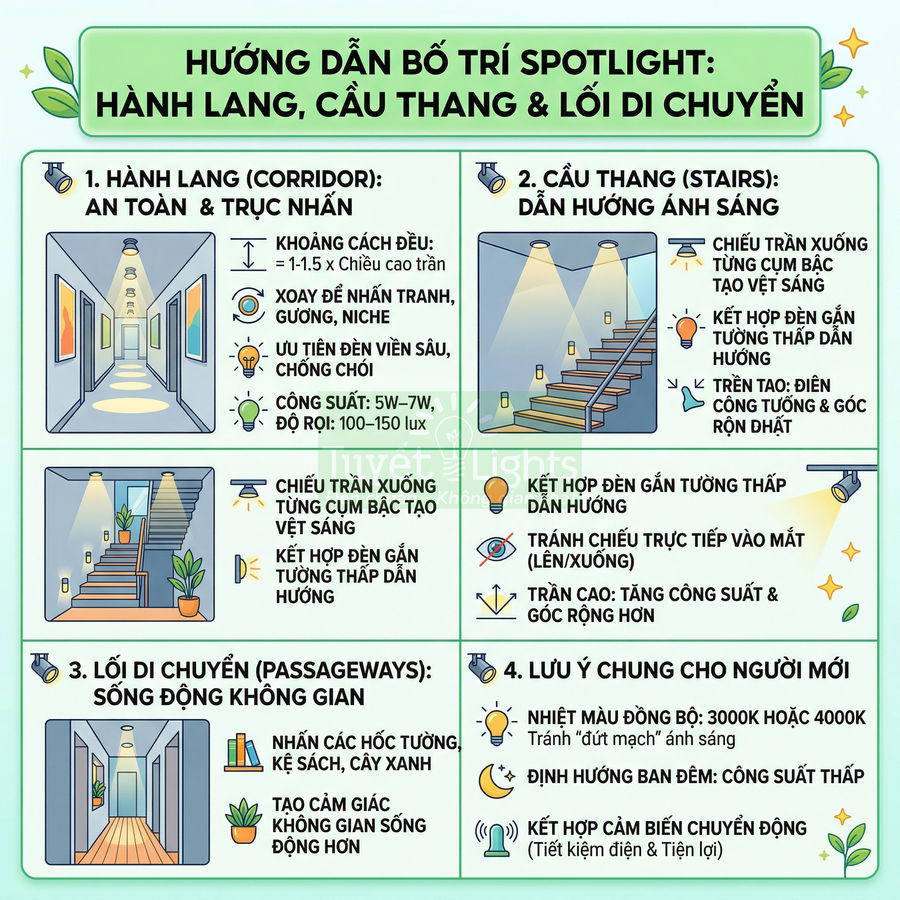 Hướng dẫn bố trí đèn spotlight chiếu sáng hành lang, cầu thang và lối đi trong nhà