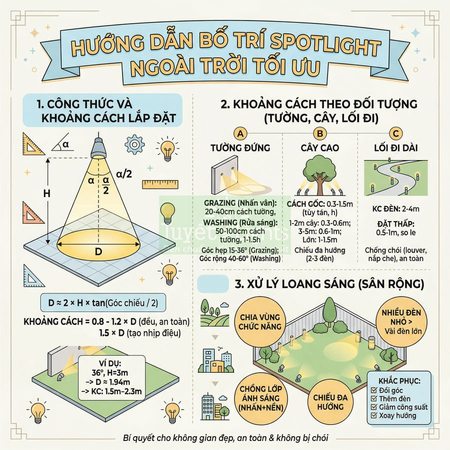 Hướng dẫn bố trí đèn spotlight ngoài trời tối ưu với công thức khoảng cách và mẹo chống loang sáng