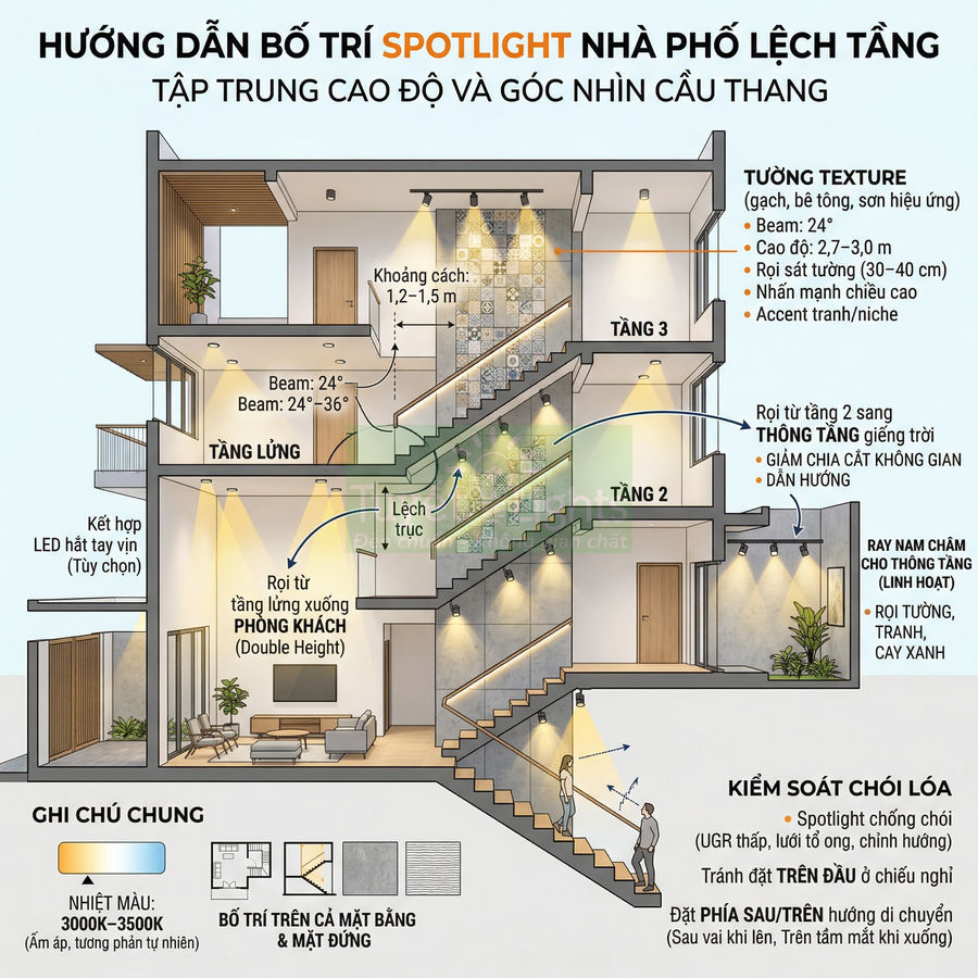 Sơ đồ bố trí đèn spotlight chiếu sáng cầu thang và phòng khách nhà phố lệch tầng hiện đại