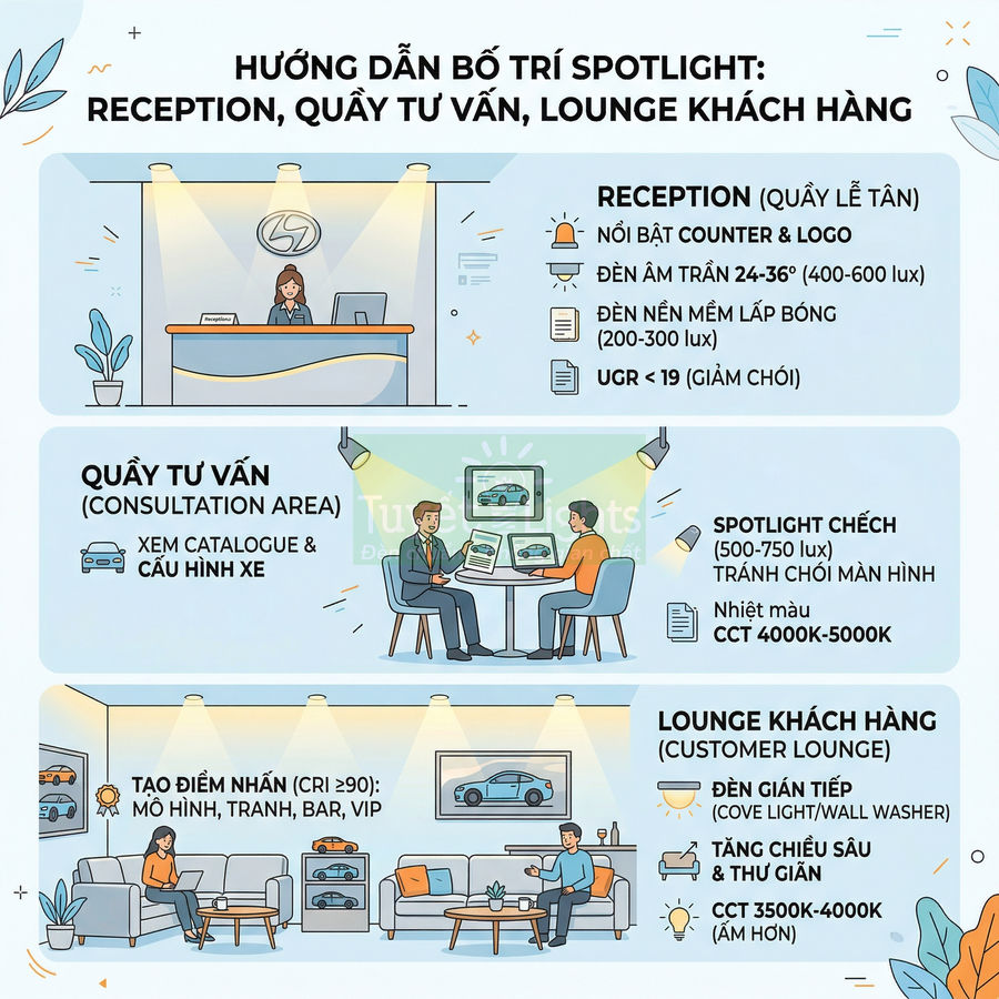Minh họa hướng dẫn bố trí đèn spotlight cho quầy lễ tân, quầy tư vấn và lounge khách hàng showroom ô tô