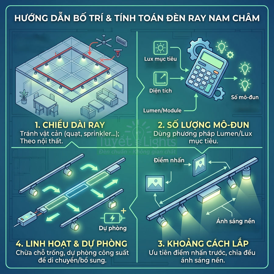 Infographic hướng dẫn bố trí và tính toán số lượng đèn ray nam châm cho không gian nội thất