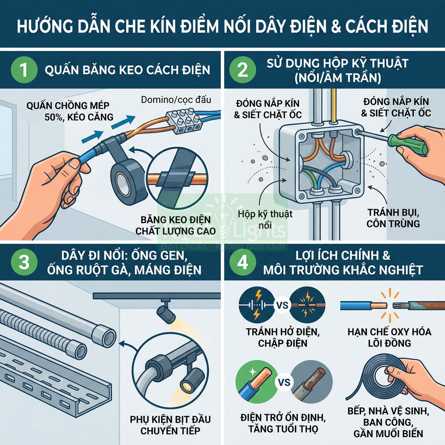 Hướng dẫn che kín điểm nối dây điện bằng băng keo cách điện, hộp kỹ thuật và ống gen an toàn
