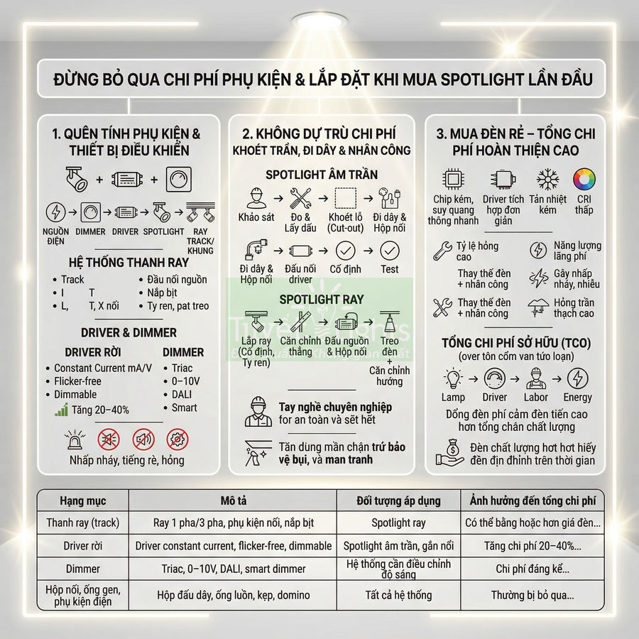 Infographic hướng dẫn tính chi phí phụ kiện và lắp đặt đèn spotlight âm trần và spotlight ray