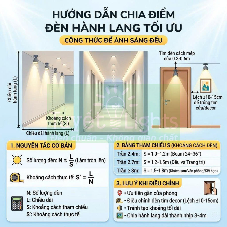 Hướng dẫn bố trí đèn trần hành lang tối ưu với khoảng cách chiếu sáng đều và công thức tính số lượng đèn