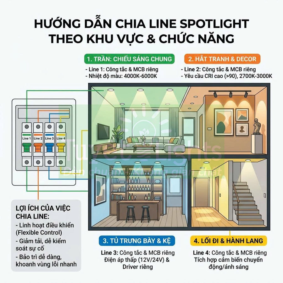 Sơ đồ chia line đèn spotlight chiếu sáng trần, hắt tranh, tủ trưng bày và lối đi trong nhà