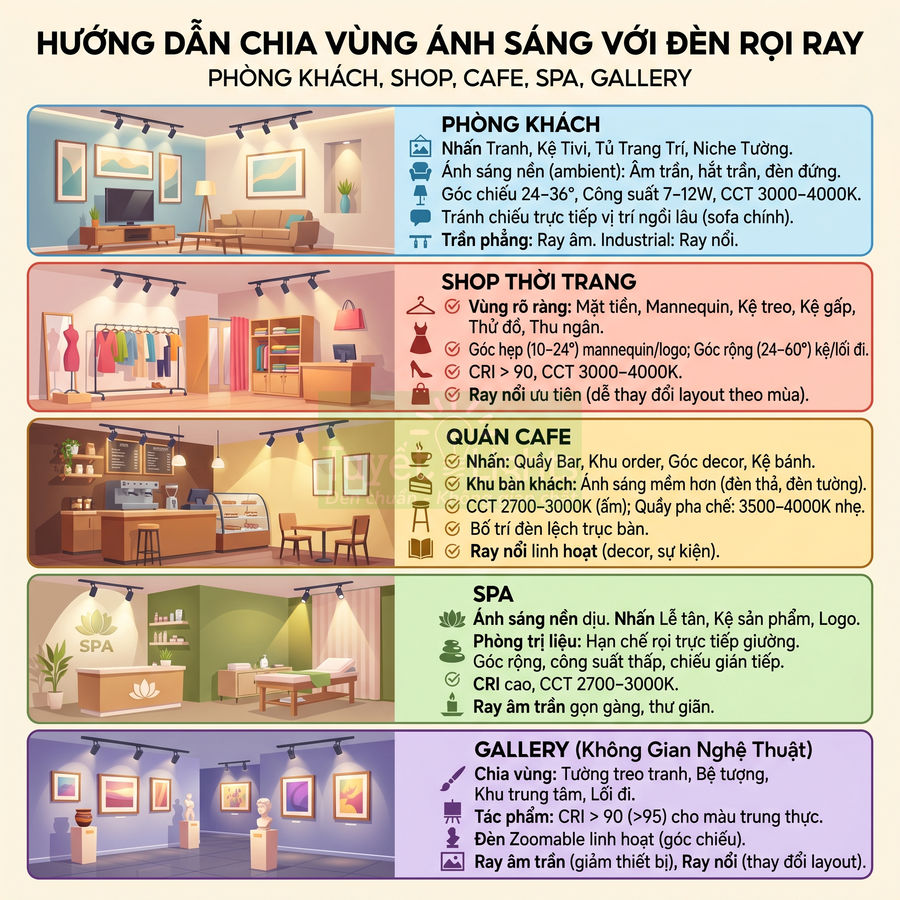Hướng dẫn bố trí đèn rọi ray chiếu sáng cho phòng khách, shop thời trang, quán cafe, spa và gallery