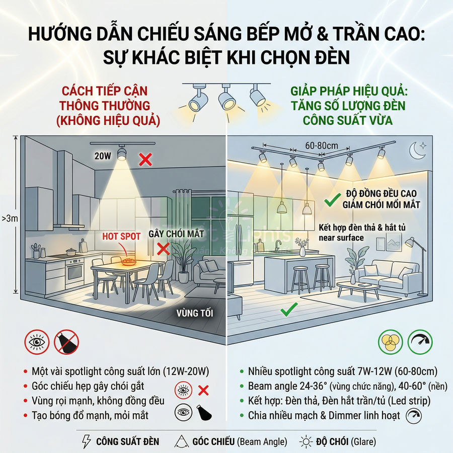 Minh họa so sánh cách bố trí đèn spotlight cho bếp mở trần cao, giải pháp nhiều đèn công suất vừa chống chói