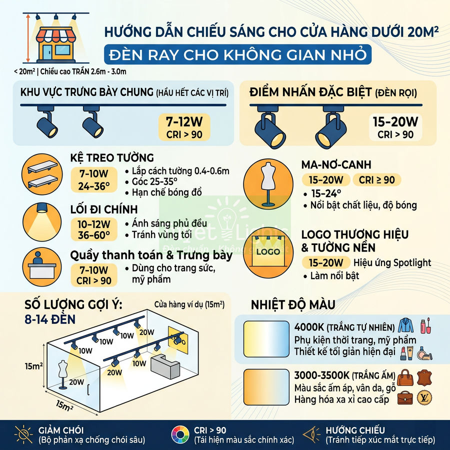 Hướng dẫn bố trí đèn ray chiếu sáng cho cửa hàng nhỏ dưới 20m2 với các khu vực trưng bày khác nhau