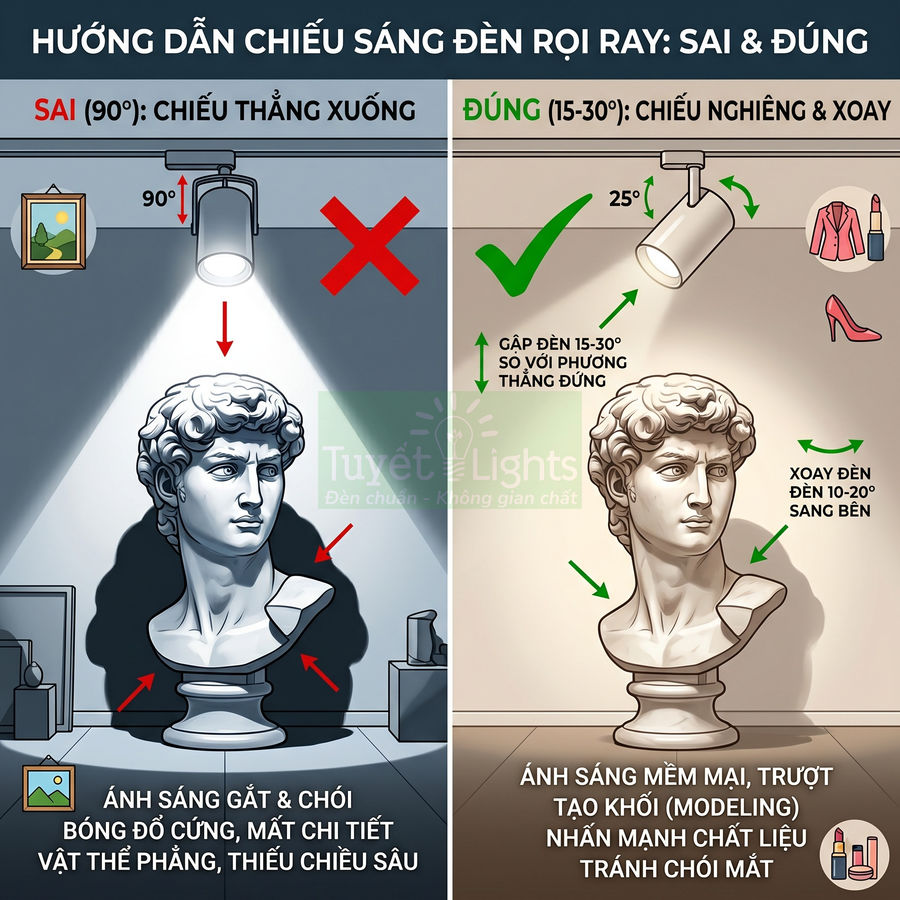 Hướng dẫn chiếu sáng đèn rọi ray đúng góc 15 30 độ để làm nổi bật tượng trưng bày trong nhà