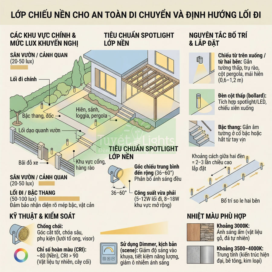 Hướng dẫn bố trí đèn spotlight ngoài trời cho sân vườn, lối đi và bậc thang đảm bảo an toàn di chuyển
