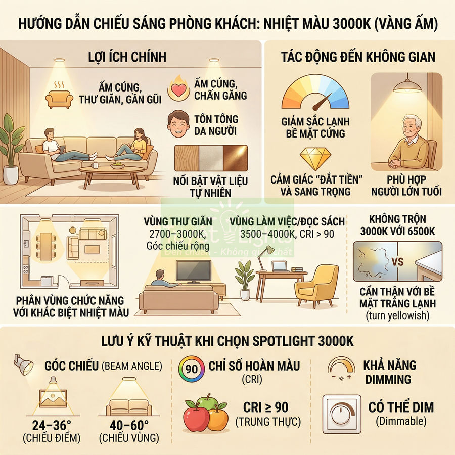 Hướng dẫn chiếu sáng phòng khách với đèn spotlight 3000K vàng ấm, phân vùng chức năng và lưu ý kỹ thuật