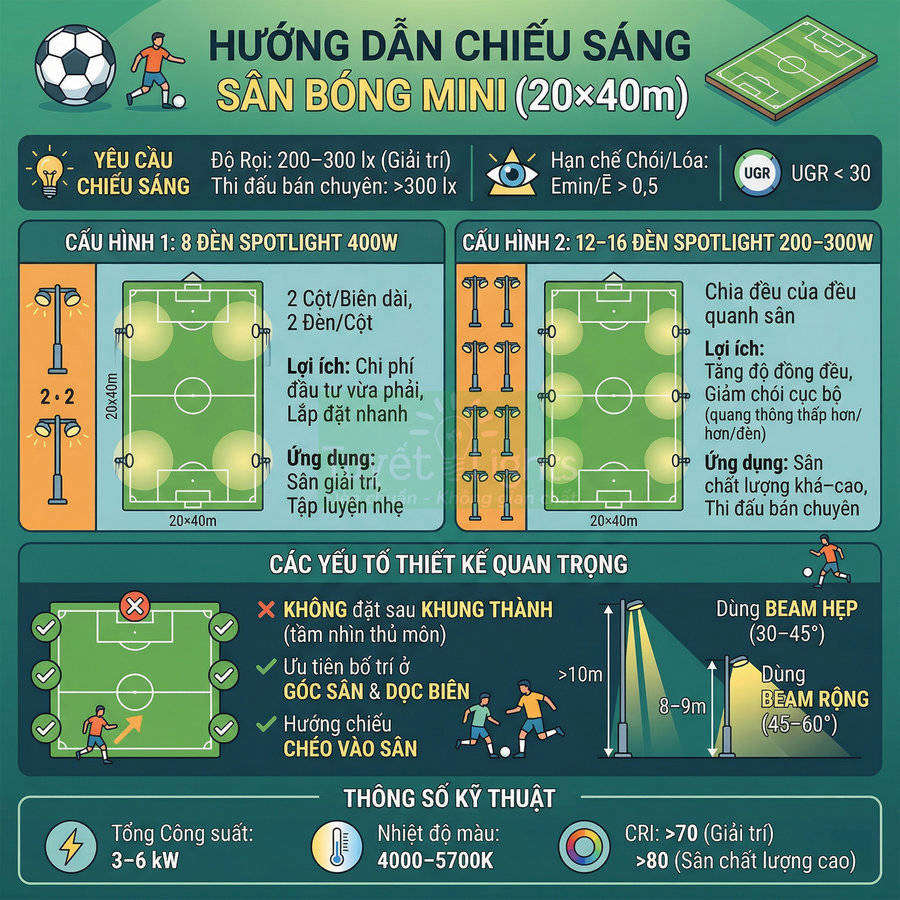 Hướng dẫn bố trí đèn spotlight chiếu sáng sân bóng mini 20x40m với thông số kỹ thuật chi tiết