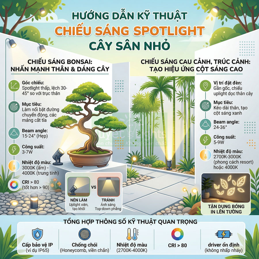 Hướng dẫn chiếu sáng spotlight cho cây bonsai và cây sân vườn nhỏ ngoài trời