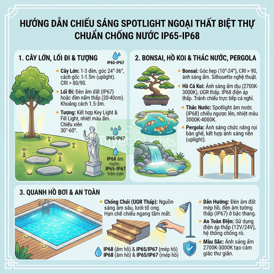 Hướng dẫn bố trí đèn spotlight ngoài trời chống nước IP65 IP68 cho sân vườn, hồ koi, thác nước và hồ bơi biệt thự