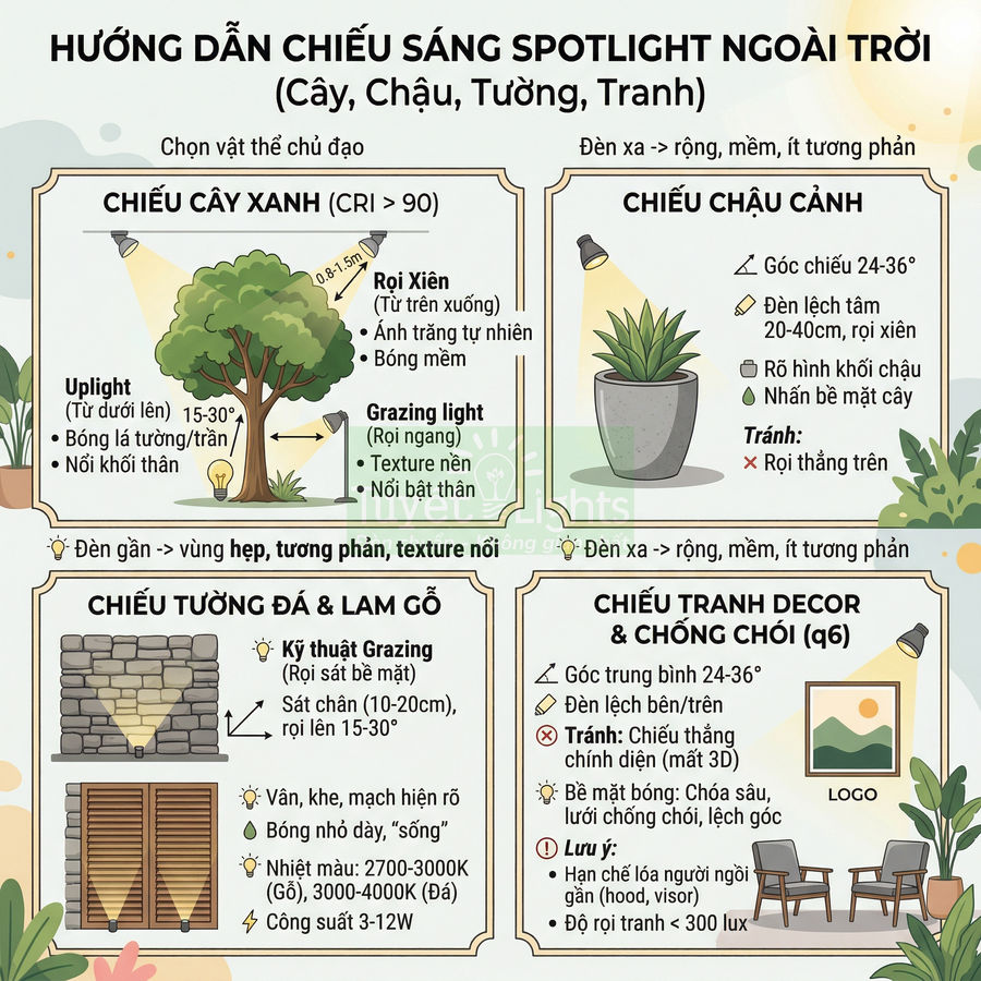 Hướng dẫn chiếu sáng spotlight ngoài trời cho cây xanh, chậu cảnh, tường đá, lam gỗ và tranh decor