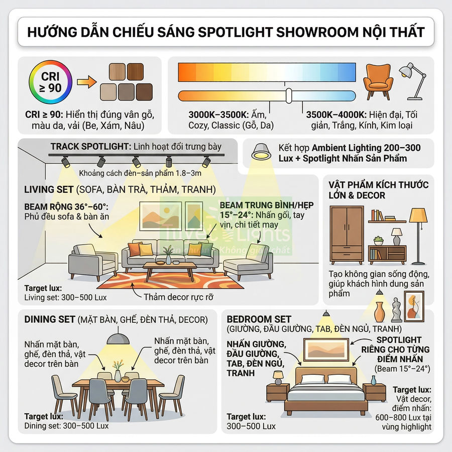Hướng dẫn chiếu sáng spotlight cho showroom nội thất với các khu vực living, dining, bedroom và decor