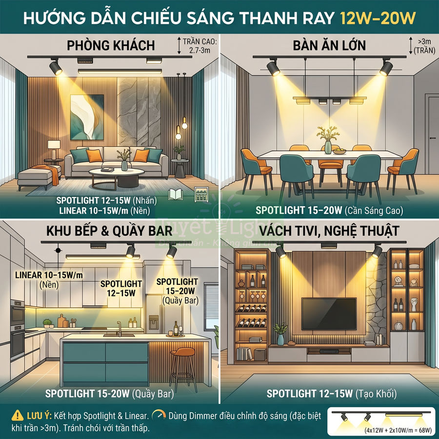 Hướng dẫn bố trí đèn spotlight và đèn linear thanh ray 12W 20W cho phòng khách bếp bàn ăn và vách tivi