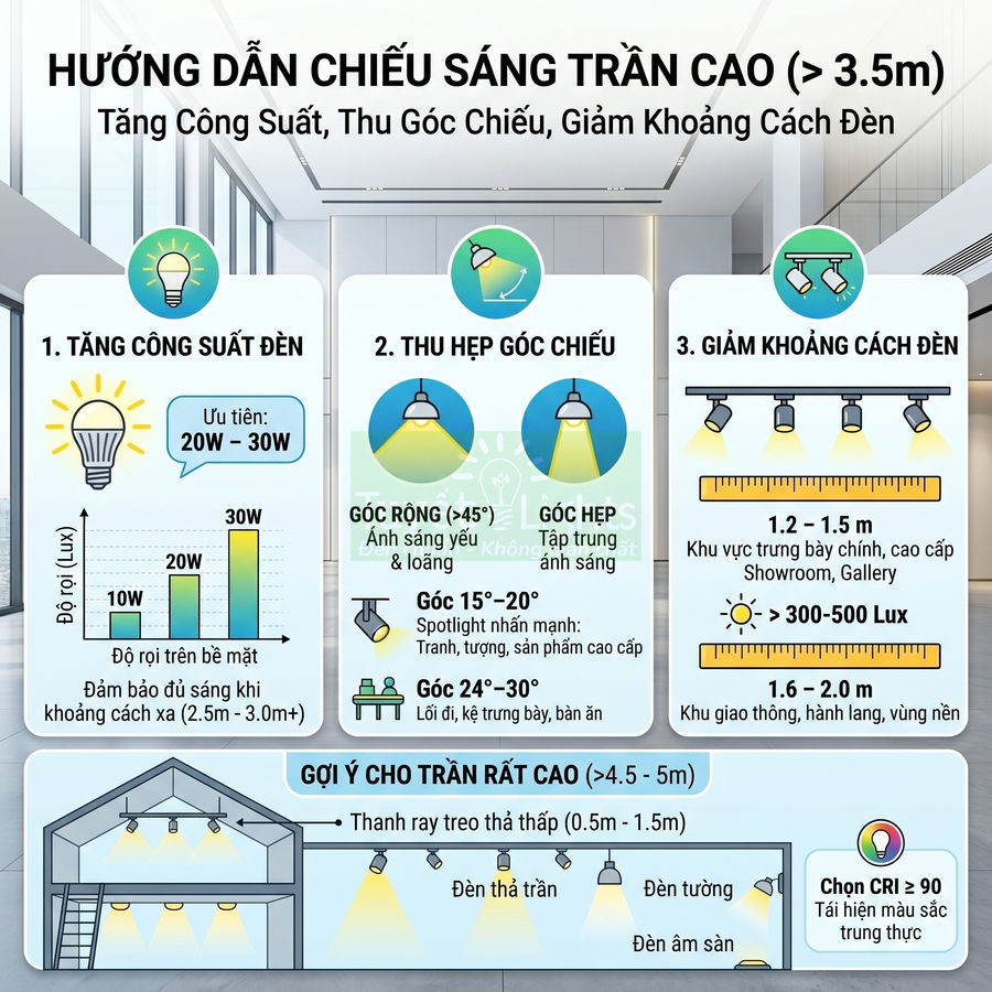 Hướng dẫn bố trí đèn LED chiếu sáng trần cao với tăng công suất, thu hẹp góc chiếu và giảm khoảng cách đèn
