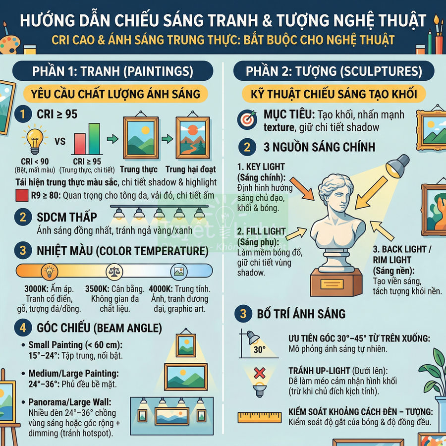 Infographic hướng dẫn chiếu sáng tranh và tượng nghệ thuật với các loại đèn và góc chiếu khác nhau