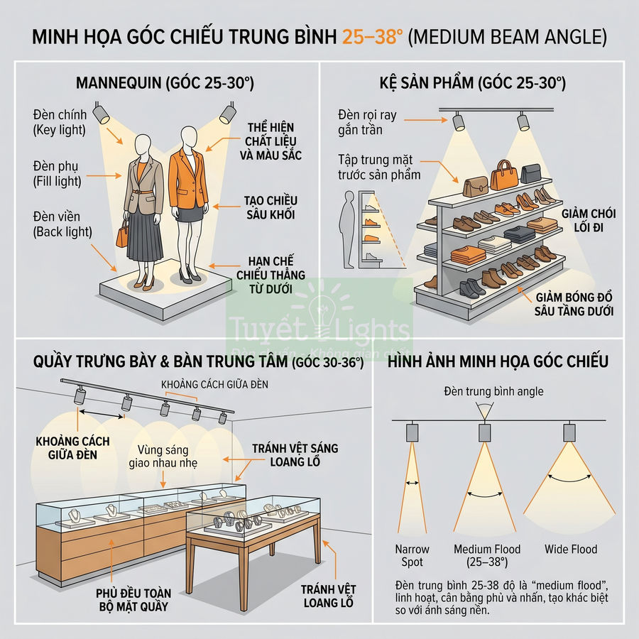 Minh họa cách bố trí đèn rọi ray góc chiếu trung bình 25 38 độ cho mannequin, kệ giày túi và quầy trưng bày
