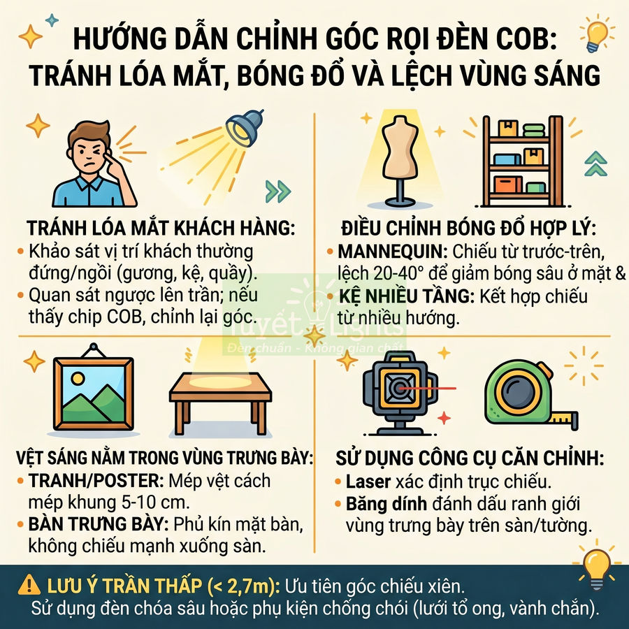 Hướng dẫn chỉnh góc rọi đèn COB cho cửa hàng, tránh lóa mắt khách và tạo vùng sáng đẹp cho sản phẩm trưng bày