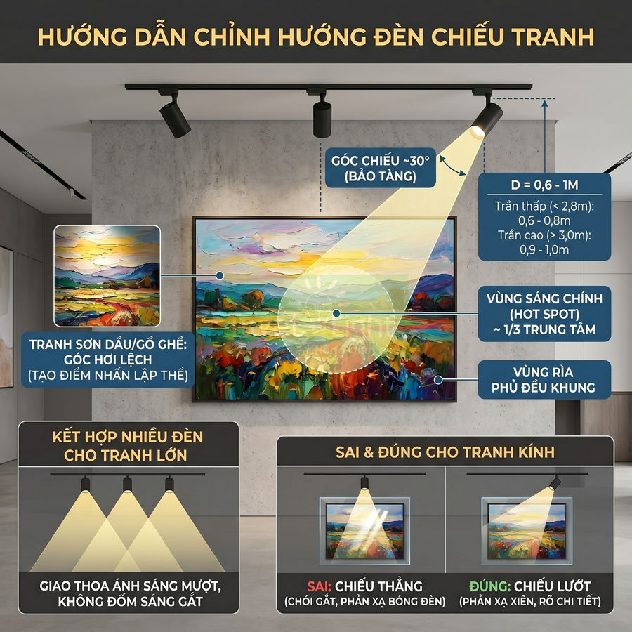 Hướng dẫn chỉnh đèn rọi tranh treo tường với góc chiếu chuẩn và vùng sáng đều cho tranh sơn dầu