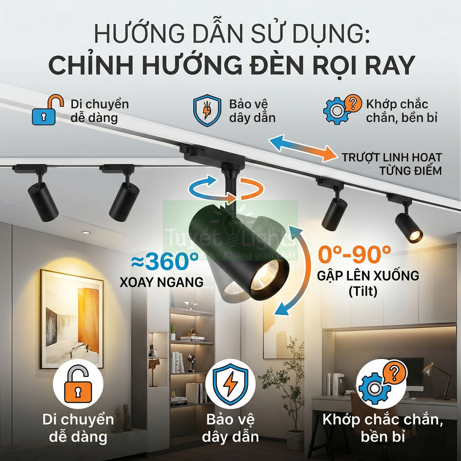 Đèn rọi ray đen xoay 360 độ, gập 0 90 độ chiếu sáng phòng khách hiện đại, dễ di chuyển và bảo vệ dây dẫn