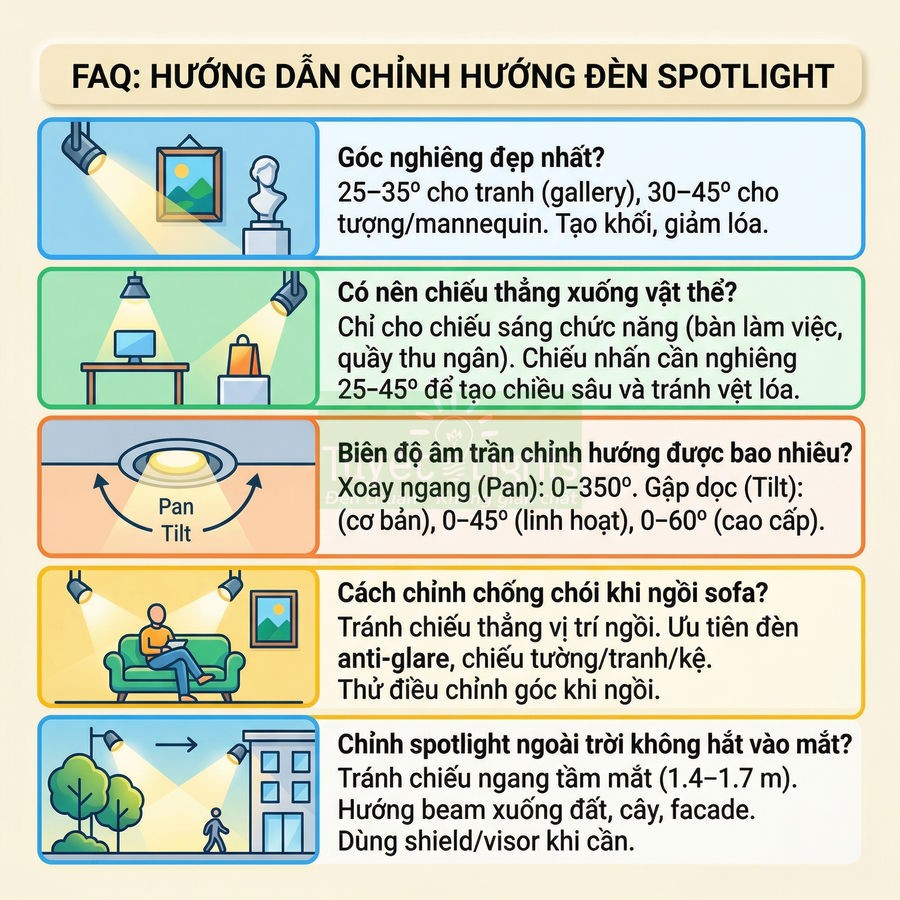 Infographic hướng dẫn chỉnh hướng đèn spotlight trong nhà và ngoài trời để chiếu tranh, bàn làm việc, sofa, cây và mặt tiền nhà