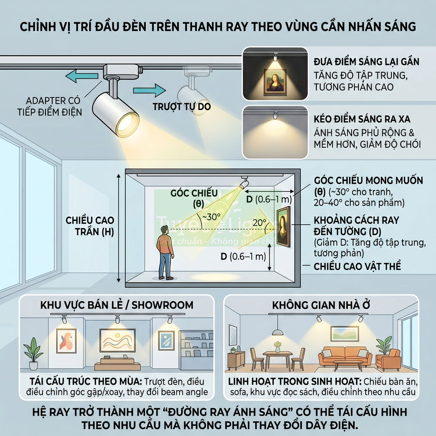 Đèn rọi ray trượt linh hoạt trên thanh ray chiếu tranh và sản phẩm trong phòng trưng bày và không gian nhà ở