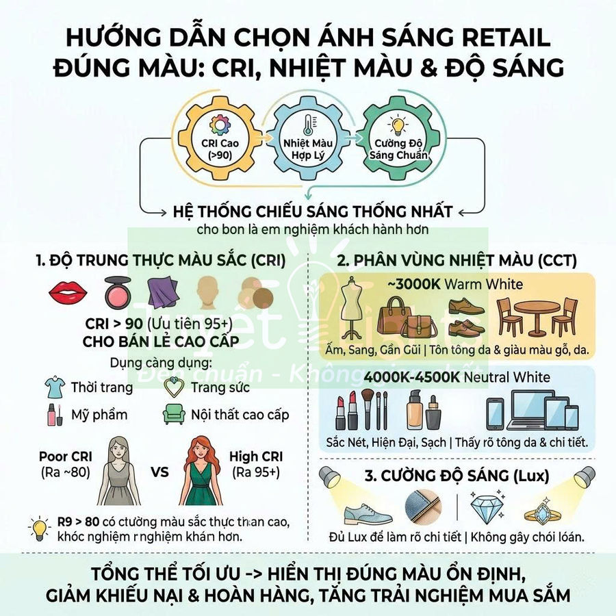 Hướng dẫn chọn ánh sáng retail đúng màu với CRI cao, nhiệt màu và độ sáng cho cửa hàng thời trang, mỹ phẩm, nội thất