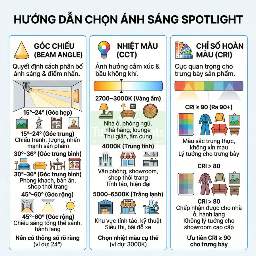 Hướng dẫn chọn ánh sáng đèn spotlight theo góc chiếu, nhiệt màu và chỉ số hoàn màu CRI cho từng không gian