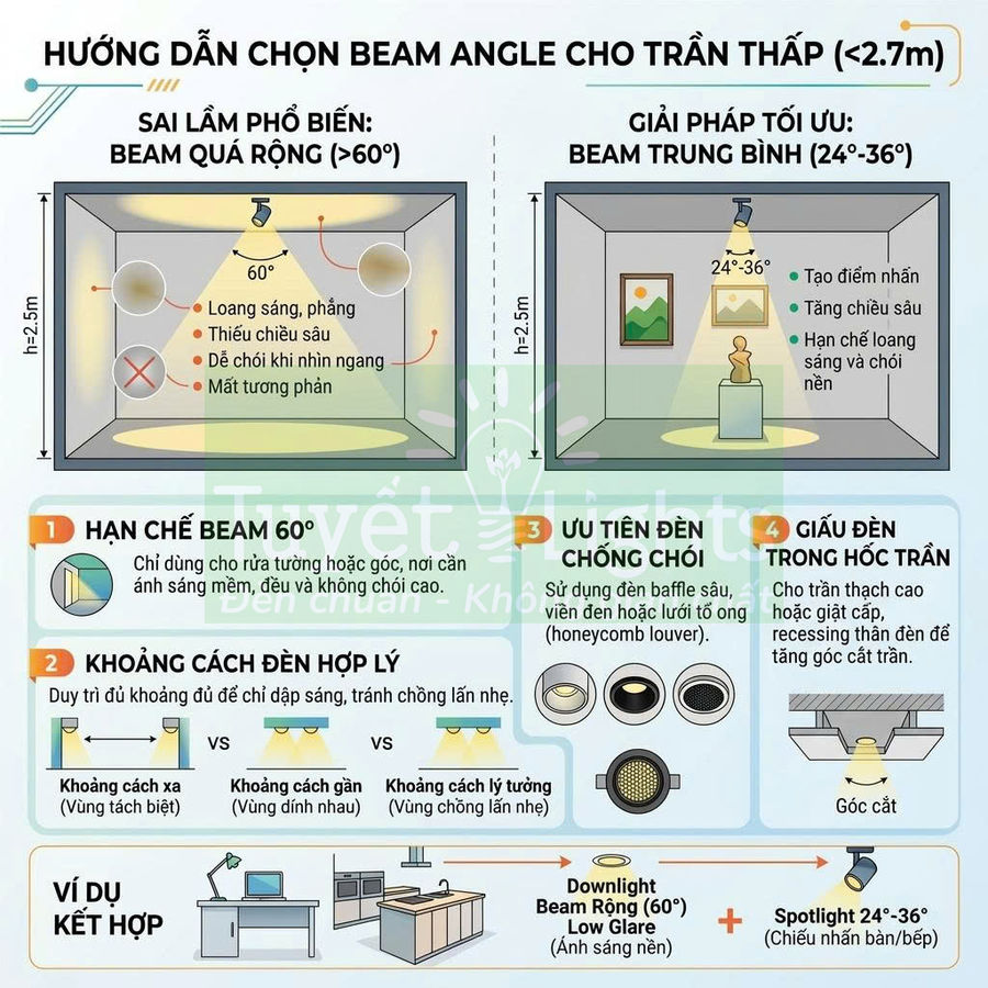 Infographic hướng dẫn chọn góc chiếu beam angle cho đèn downlight trần thấp dưới 2,7m
