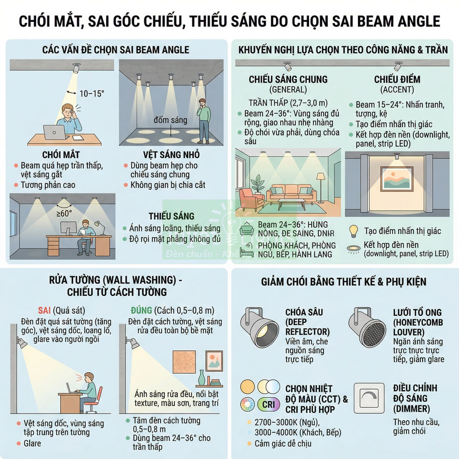 Infographic hướng dẫn chọn góc chiếu beam angle đèn LED, tránh chói mắt và thiếu sáng cho phòng làm việc, phòng khách