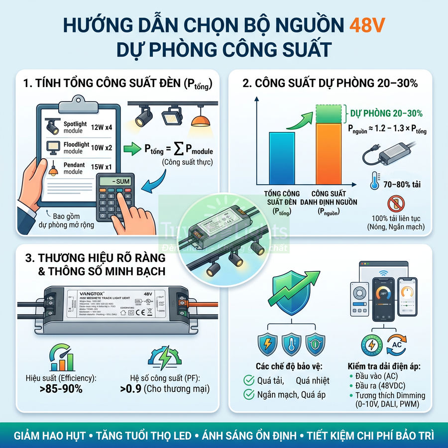 Hướng dẫn chọn bộ nguồn LED 48V dự phòng công suất với ví dụ tính toán và minh họa bộ nguồn Vantox