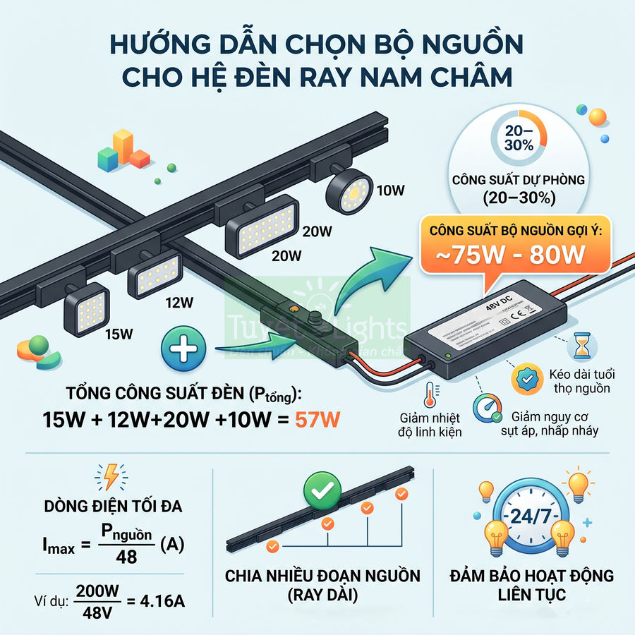 Hướng dẫn chọn bộ nguồn cho hệ đèn ray nam châm với ví dụ tính công suất và dòng điện tối đa
