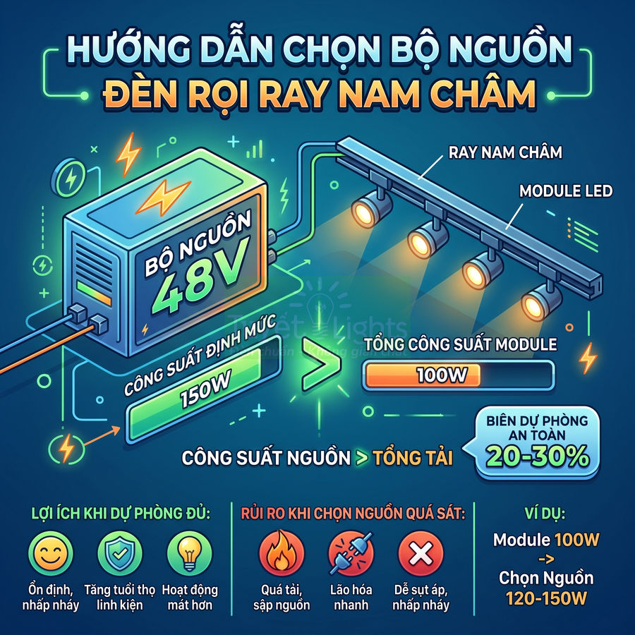 Hướng dẫn chọn bộ nguồn 48V cho đèn rọi ray nam châm với công suất nguồn lớn hơn tổng công suất module LED