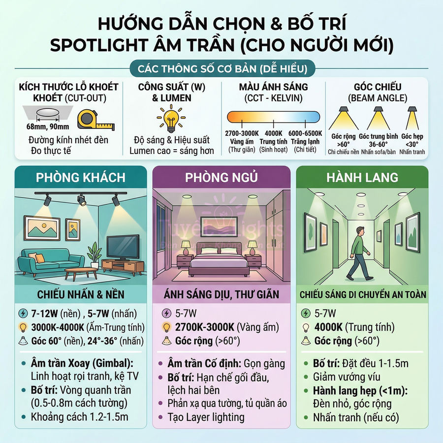 Hướng dẫn chọn và bố trí đèn spotlight âm trần cho phòng khách, phòng ngủ và hành lang trong nhà