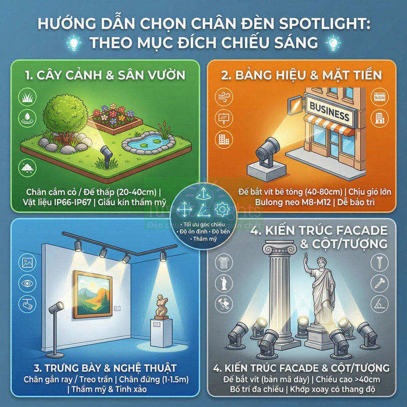 Hướng dẫn chọn chân đèn spotlight theo mục đích chiếu sáng cho sân vườn, bảng hiệu, trưng bày và kiến trúc