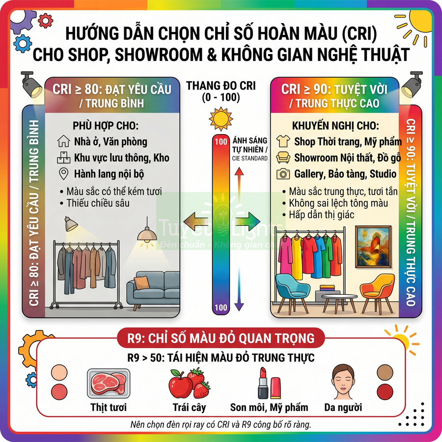 Infographic hướng dẫn chọn chỉ số hoàn màu CRI cho shop, showroom và không gian nghệ thuật