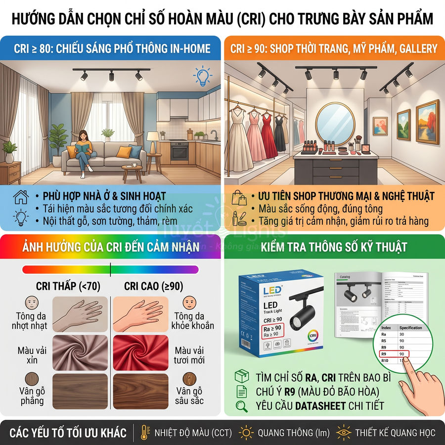 Infographic hướng dẫn chọn chỉ số hoàn màu CRI cho đèn LED chiếu sáng nhà ở và shop thời trang