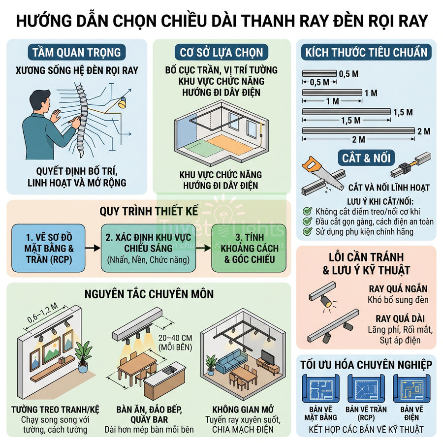 Hướng dẫn chọn chiều dài thanh ray đèn rọi ray với kích thước tiêu chuẩn và lưu ý lắp đặt