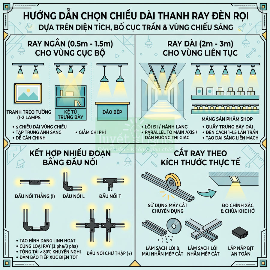 Hướng dẫn chọn chiều dài thanh ray đèn rọi cho tranh treo tường, kệ trưng bày, đảo bếp và lối đi hành lang
